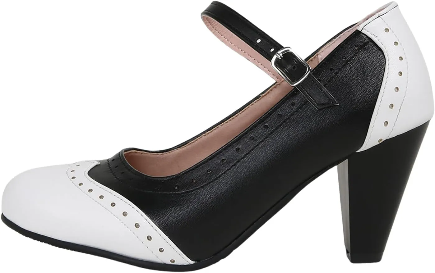 Women's Mary Jane Oxford Two Tone Pumps Vintage Round Closed with Ankle Strap Cute Low Kitten Heels Classic Cut-Out Tango Party Office Lady Pumps Dress Shoe