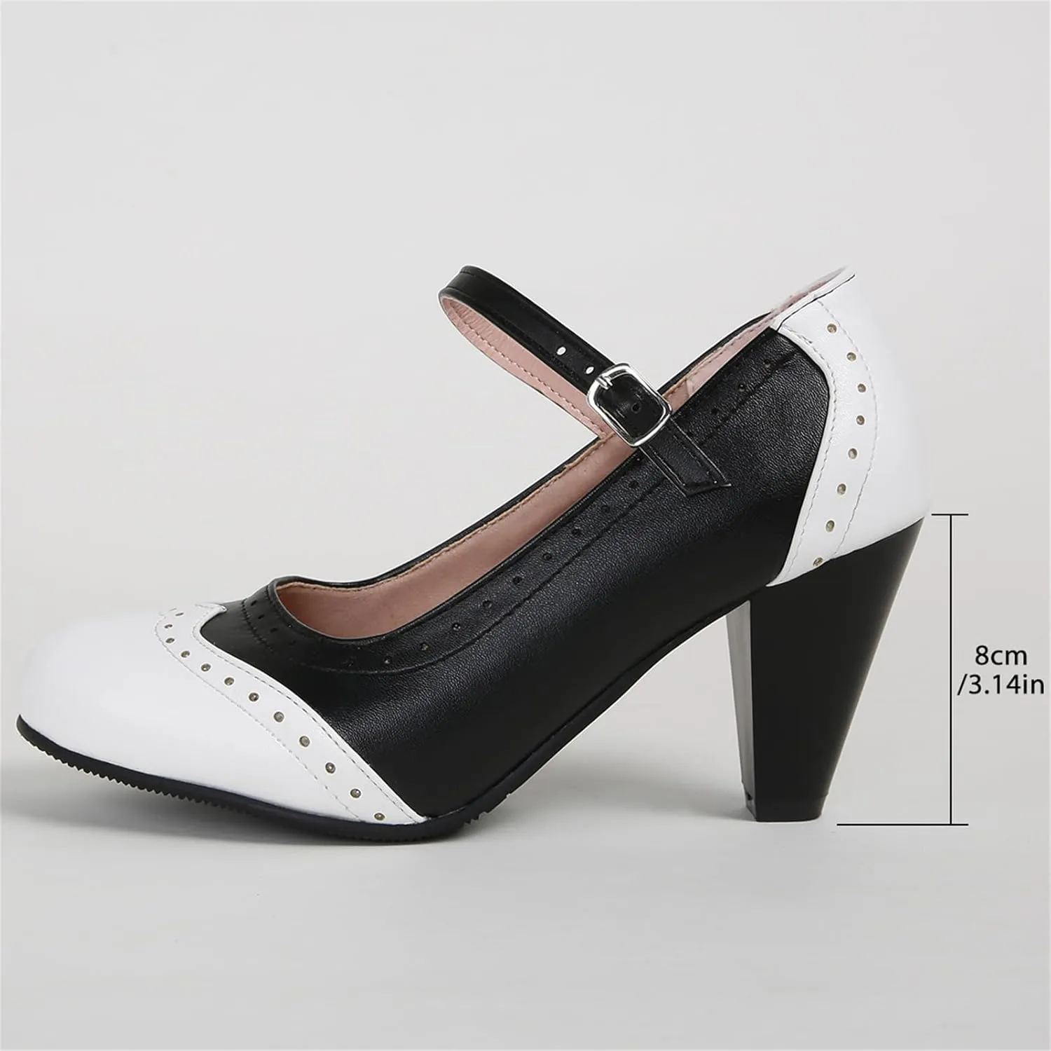 Women's Mary Jane Oxford Two Tone Pumps Vintage Round Closed with Ankle Strap Cute Low Kitten Heels Classic Cut-Out Tango Party Office Lady Pumps Dress Shoe
