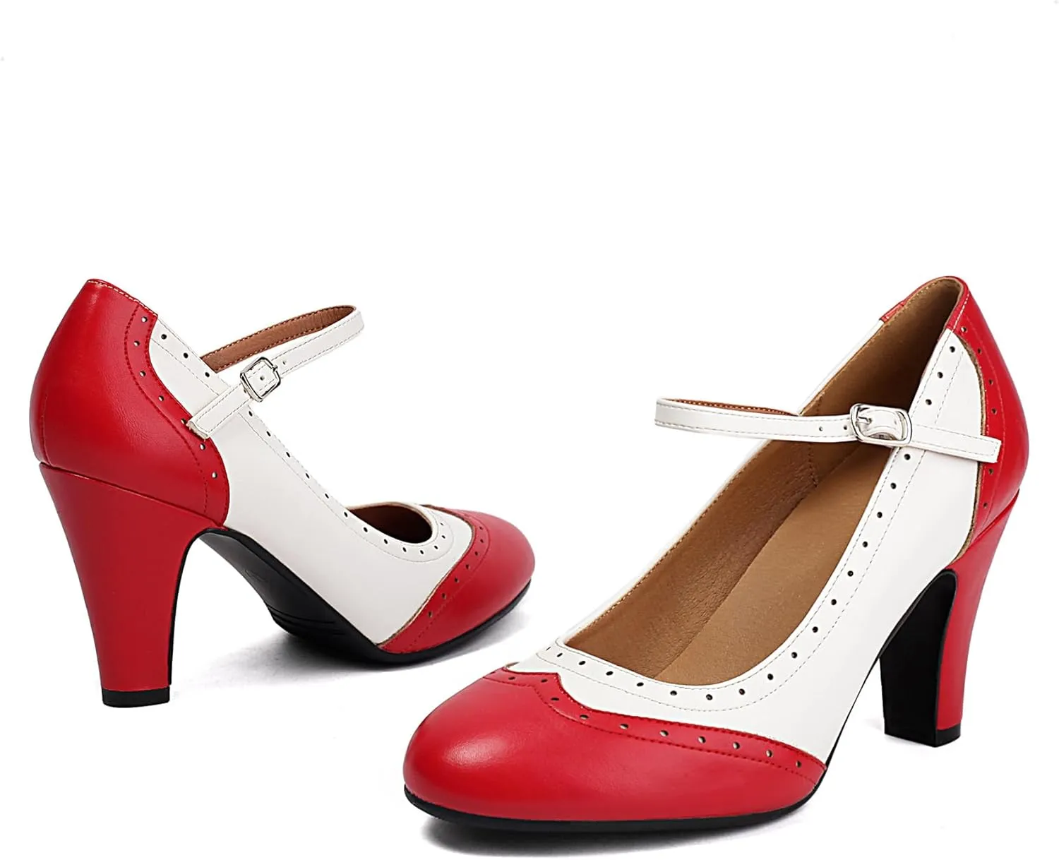 Women's Mary Jane Wingtip Rockability Oxford Two Tones Close Round Toe Vintage 1950s Heels Ankle Straps Retro 1920s Victorian Pumps Shoes