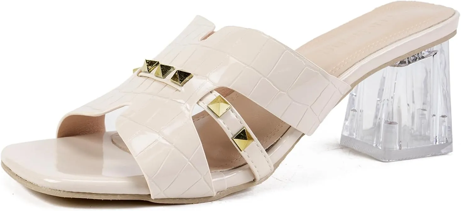 Women's Open Toe Rivet Chunky Heel Slides Sandals Fashion Square Toe Slip On Clear Block Heel Mule Sandals Dressy Party Dress Summer Slippers