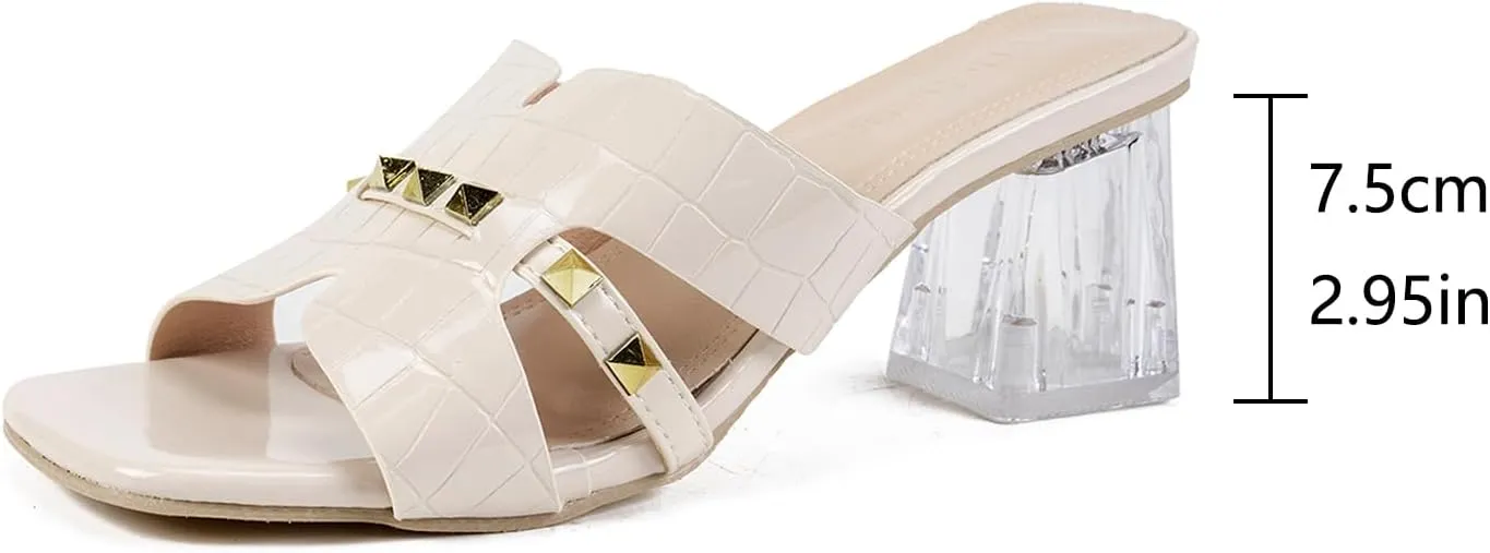 Women's Open Toe Rivet Chunky Heel Slides Sandals Fashion Square Toe Slip On Clear Block Heel Mule Sandals Dressy Party Dress Summer Slippers