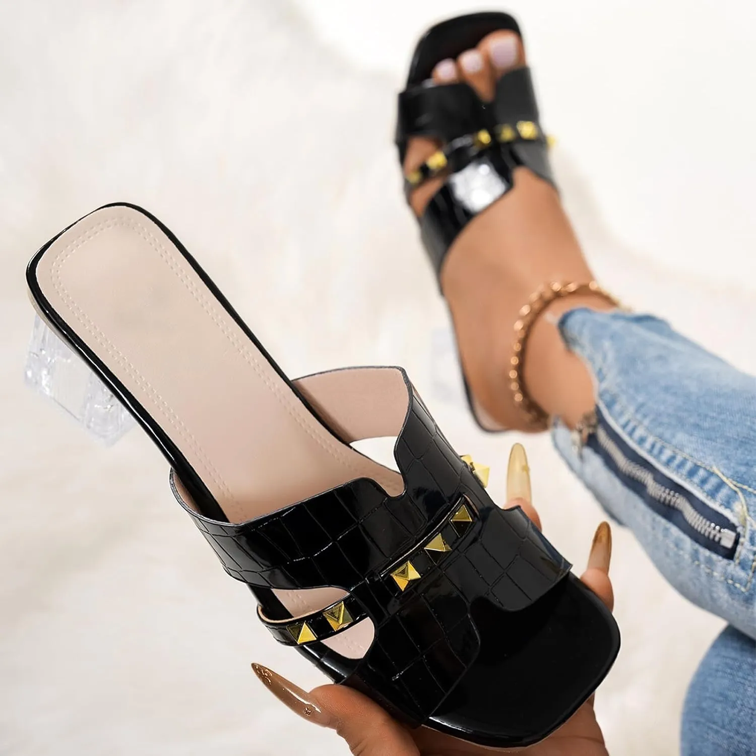 Women's Open Toe Rivet Chunky Heel Slides Sandals Fashion Square Toe Slip On Clear Block Heel Mule Sandals Dressy Party Dress Summer Slippers