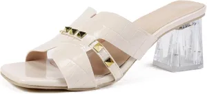 Women's Open Toe Rivet Chunky Heel Slides Sandals Fashion Square Toe Slip On Clear Block Heel Mule Sandals Dressy Party Dress Summer Slippers