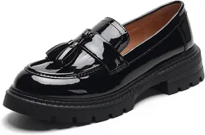 Women's Patent Leather Tassel Platform Loafers Fashion Round Toe Non-Slip Lug Sole Chunky Heel Oxford Shoe Comfort Slip-On Office Work Dress Shoes