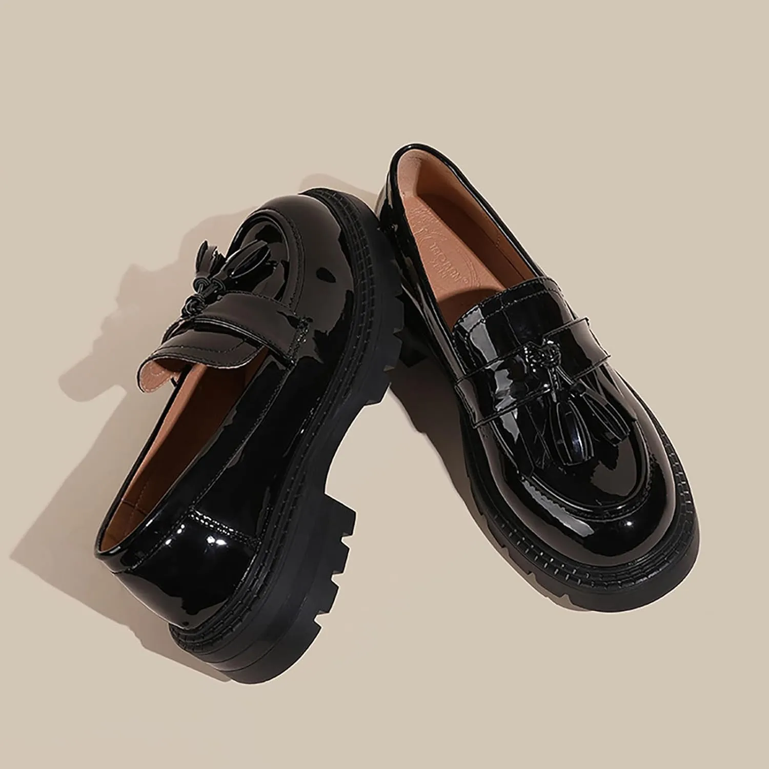 Women's Patent Leather Tassel Platform Loafers Fashion Round Toe Non-Slip Lug Sole Chunky Heel Oxford Shoe Comfort Slip-On Office Work Dress Shoes