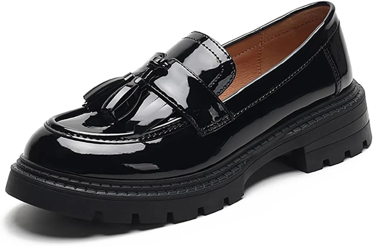 Women's Patent Leather Tassel Platform Loafers Fashion Round Toe Non-Slip Lug Sole Chunky Heel Oxford Shoe Comfort Slip-On Office Work Dress Shoes