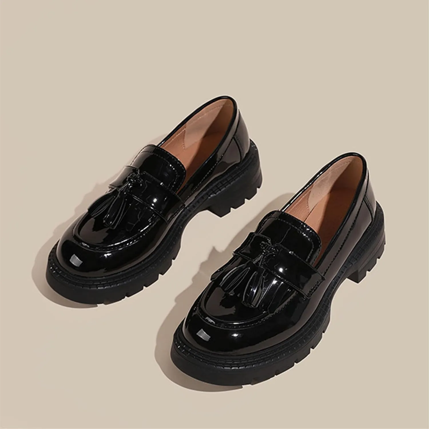 Women's Patent Leather Tassel Platform Loafers Fashion Round Toe Non-Slip Lug Sole Chunky Heel Oxford Shoe Comfort Slip-On Office Work Dress Shoes
