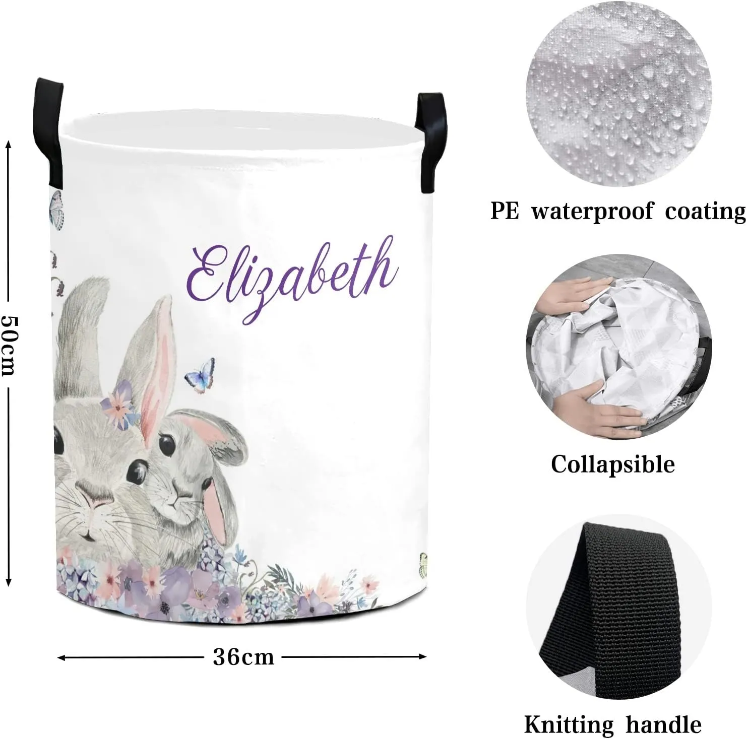 Woodland Floral Bunny Purple Personalized Waterproof Foldable Laundry Basket Bag with Handle, Custom Collapsible Clothes Hamper Storage Bin for Toys Laundry Dorm Travel Bathroom