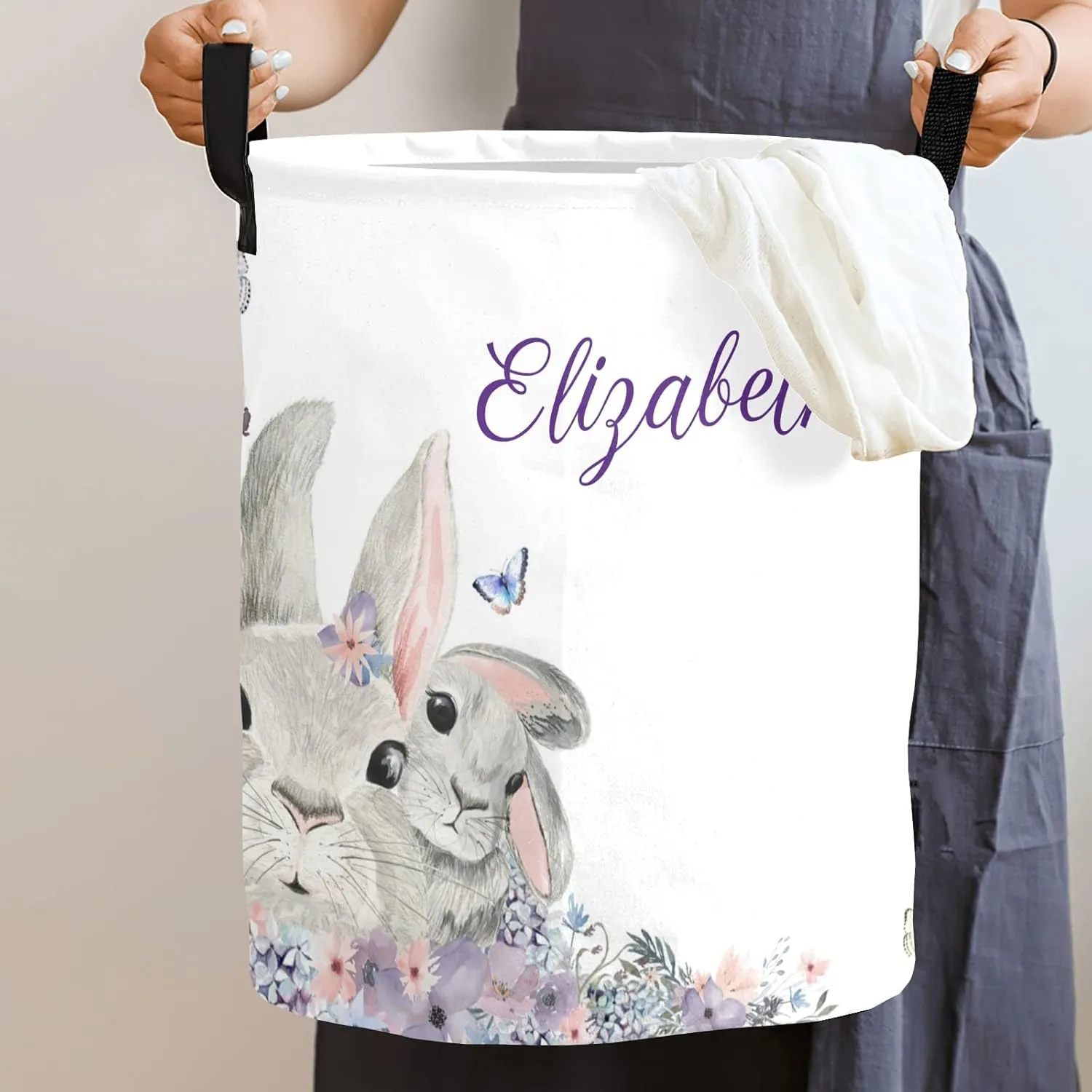 Woodland Floral Bunny Purple Personalized Waterproof Foldable Laundry Basket Bag with Handle, Custom Collapsible Clothes Hamper Storage Bin for Toys Laundry Dorm Travel Bathroom