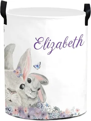 Woodland Floral Bunny Purple Personalized Waterproof Foldable Laundry Basket Bag with Handle, Custom Collapsible Clothes Hamper Storage Bin for Toys Laundry Dorm Travel Bathroom