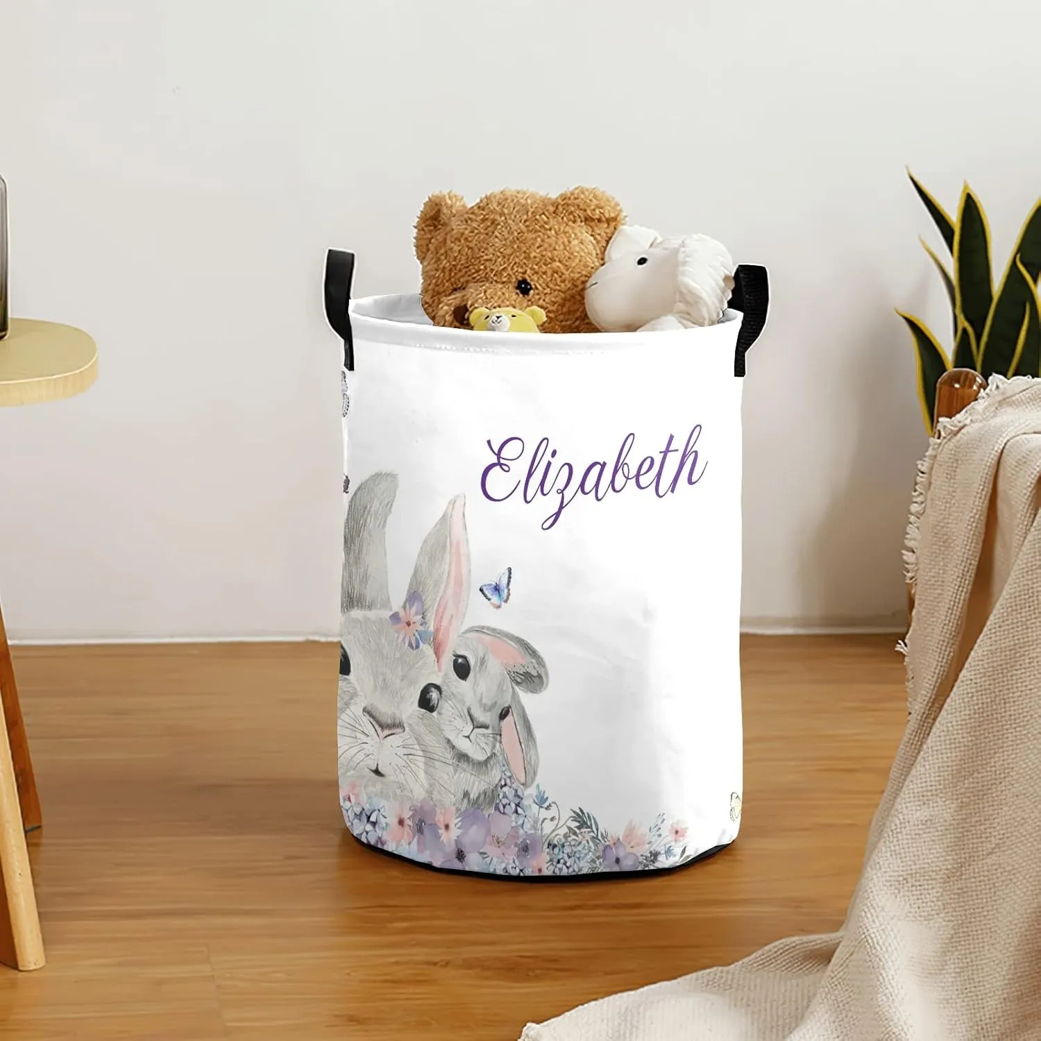 Woodland Floral Bunny Purple Personalized Waterproof Foldable Laundry Basket Bag with Handle, Custom Collapsible Clothes Hamper Storage Bin for Toys Laundry Dorm Travel Bathroom