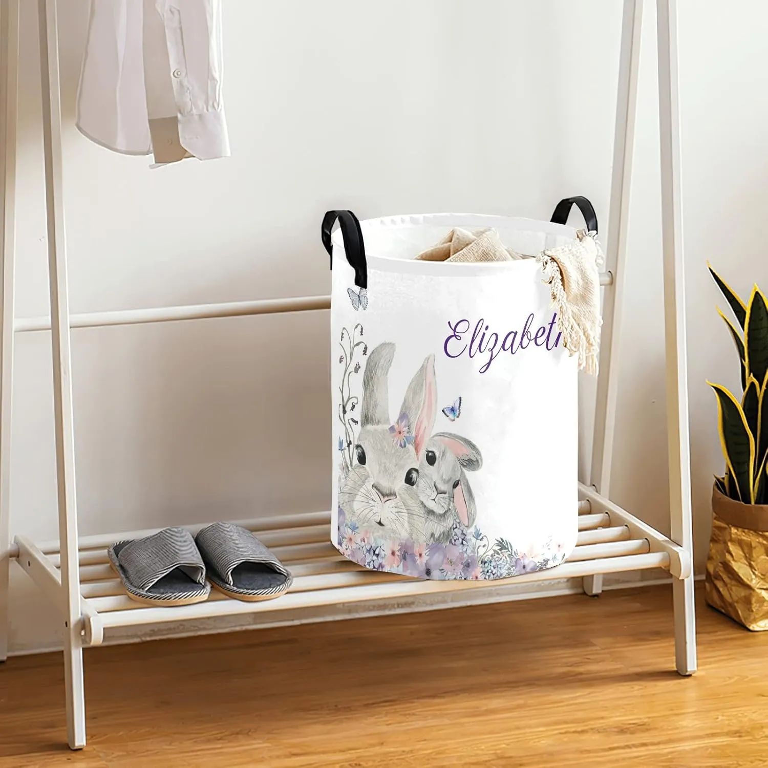 Woodland Floral Bunny Purple Personalized Waterproof Foldable Laundry Basket Bag with Handle, Custom Collapsible Clothes Hamper Storage Bin for Toys Laundry Dorm Travel Bathroom
