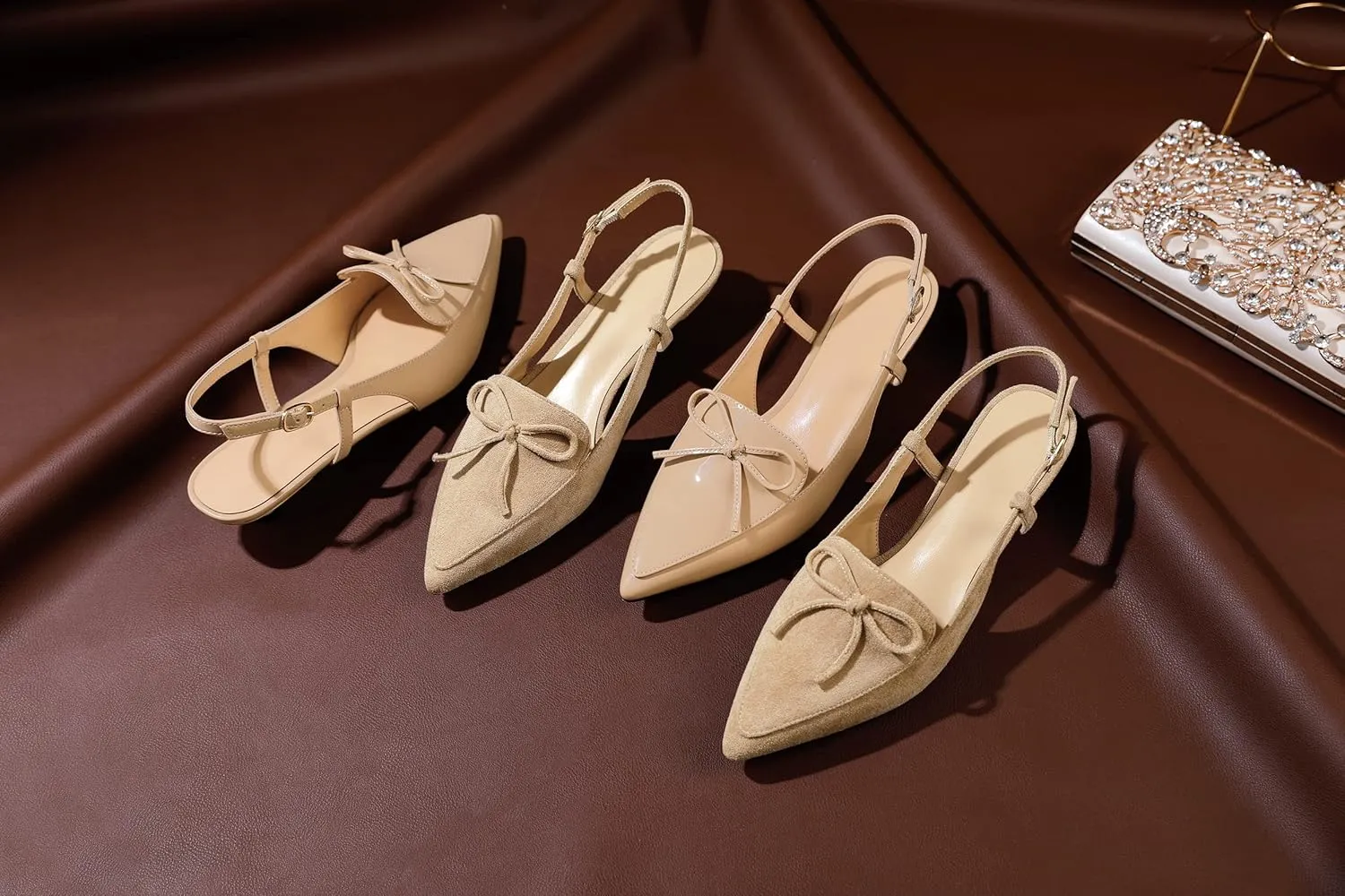 Zamikoo Kitten Heels for Women with Bow, Low Heel Slingback Sandals, Pointed Toe Loafer Pumps Shoes for Dress Work Office Casual 1.5 Inches