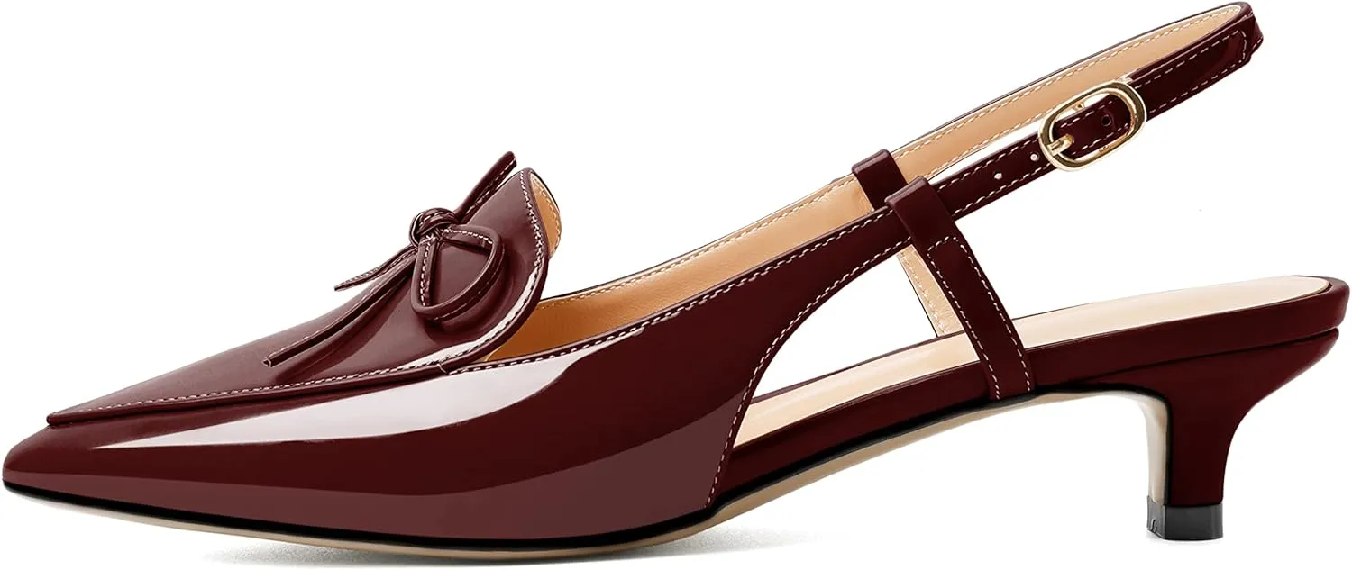 Zamikoo Kitten Heels for Women with Bow, Low Heel Slingback Sandals, Pointed Toe Loafer Pumps Shoes for Dress Work Office Casual 1.5 Inches