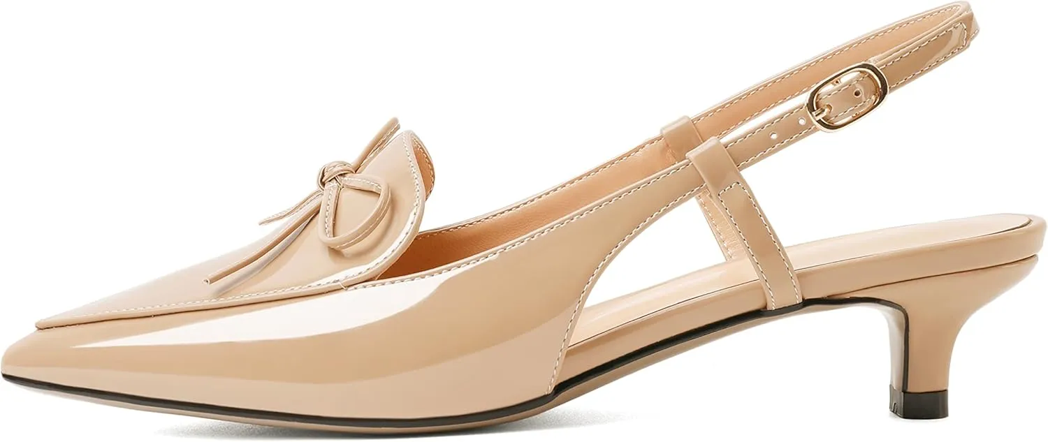 Zamikoo Kitten Heels for Women with Bow, Low Heel Slingback Sandals, Pointed Toe Loafer Pumps Shoes for Dress Work Office Casual 1.5 Inches